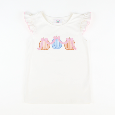 Pumpkin Pink Bow Trio Appliqué Flutter Top - White Knit
