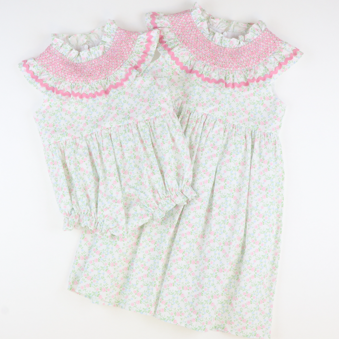 Smocked Ruffle Neck Girl Bubble - Pink & Blue Floral - Stellybelly