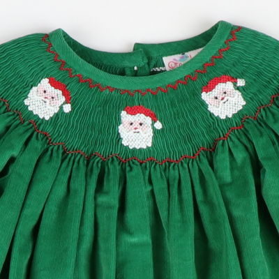 Smocked Santa Faces Long Sleeve Girl Long Bubble - Christmas Green Corduroy - Stellybelly