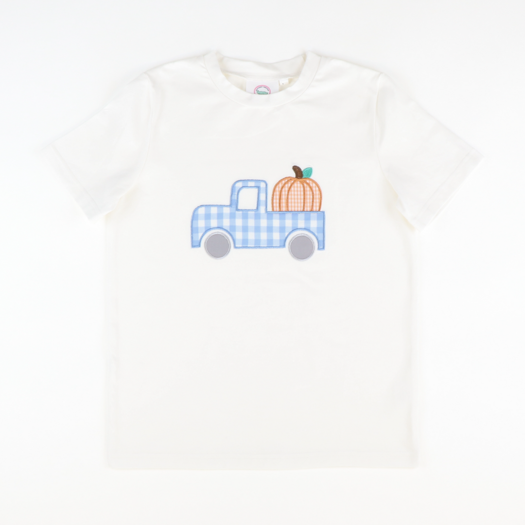 Pumpkin & Truck Appliqué Shirt - White Knit