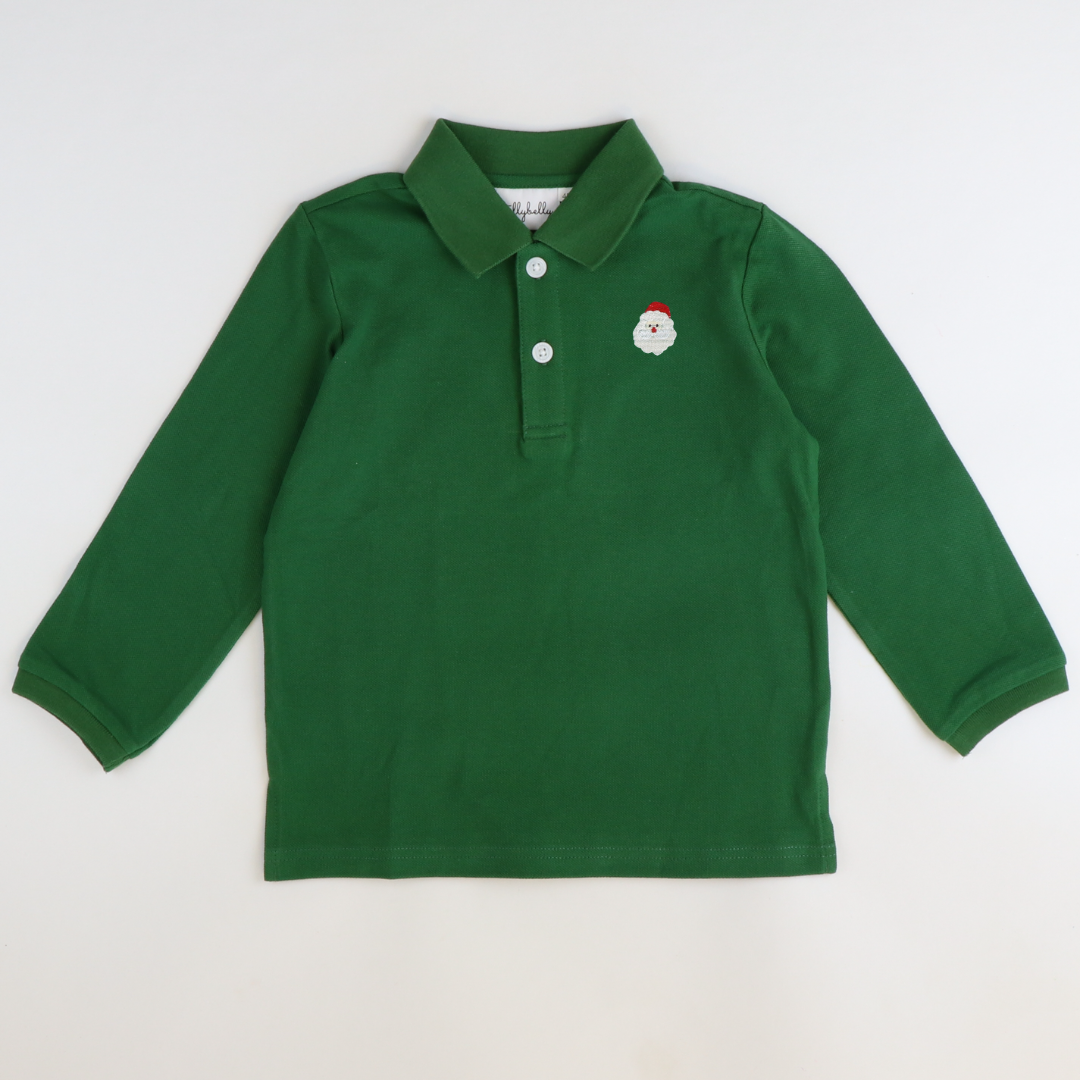 Embroidered Santa Face Long Sleeve Polo - Christmas Green