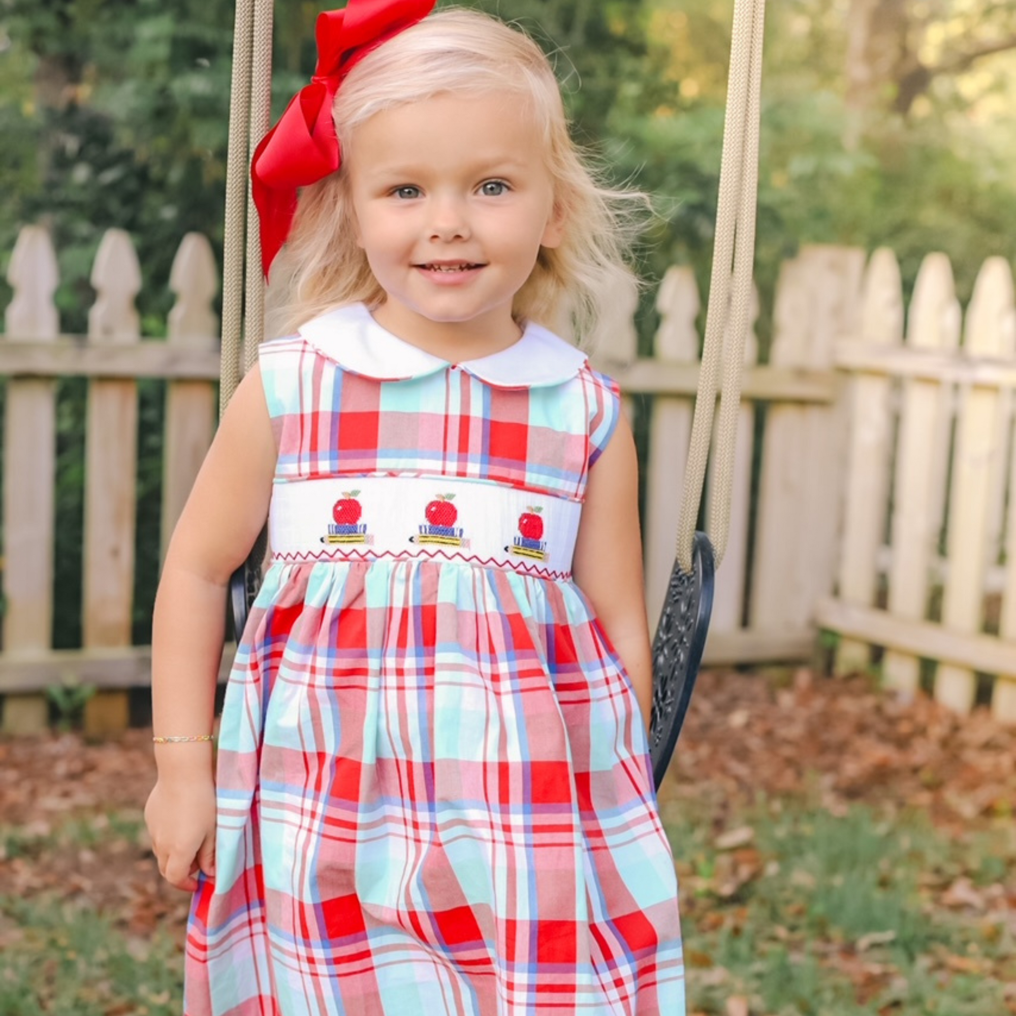 Smocked Apples & Books Collared Dress - Regatta Plaid - Stellybelly
