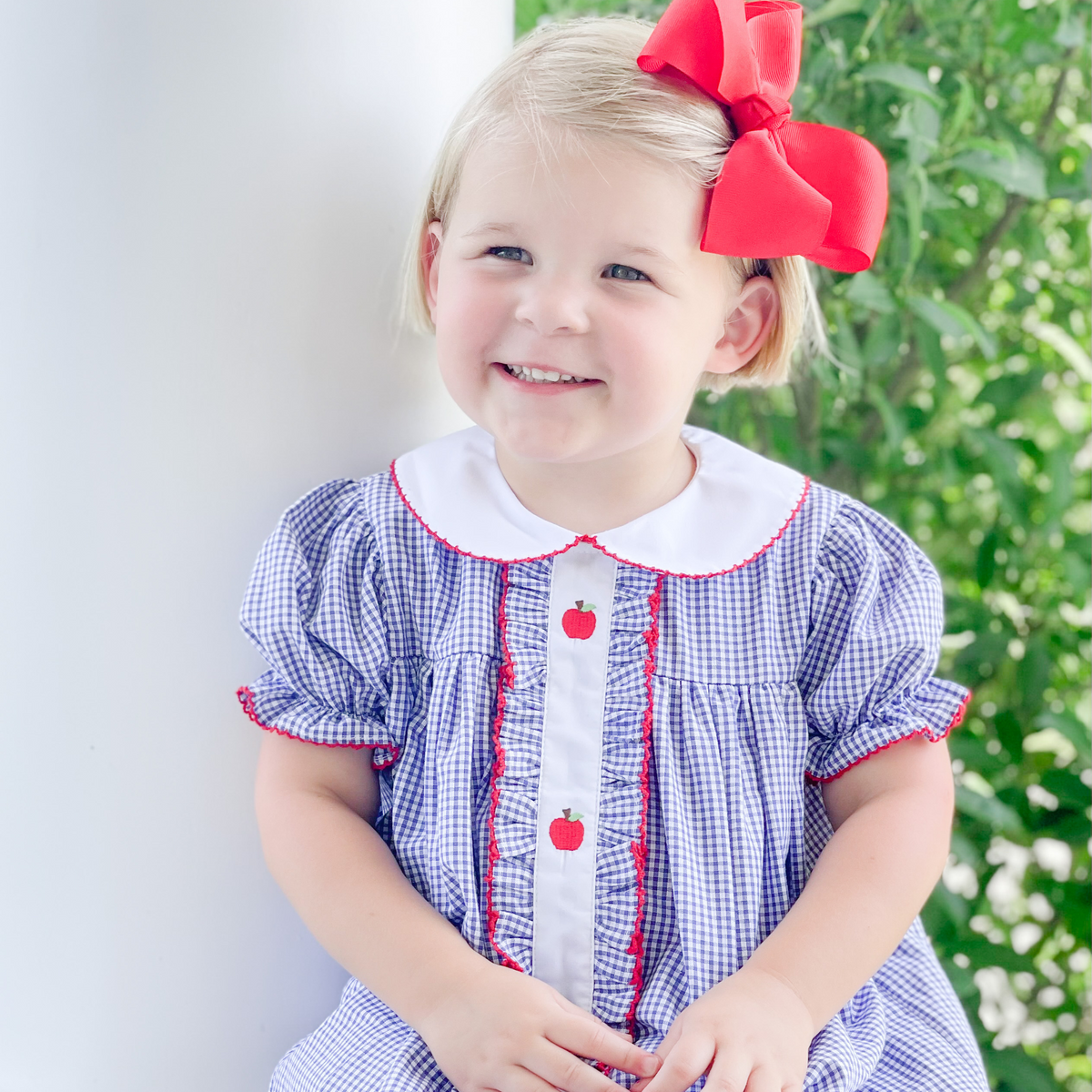 Embroidered Apples Dress - Royal Blue Gingham - Stellybelly