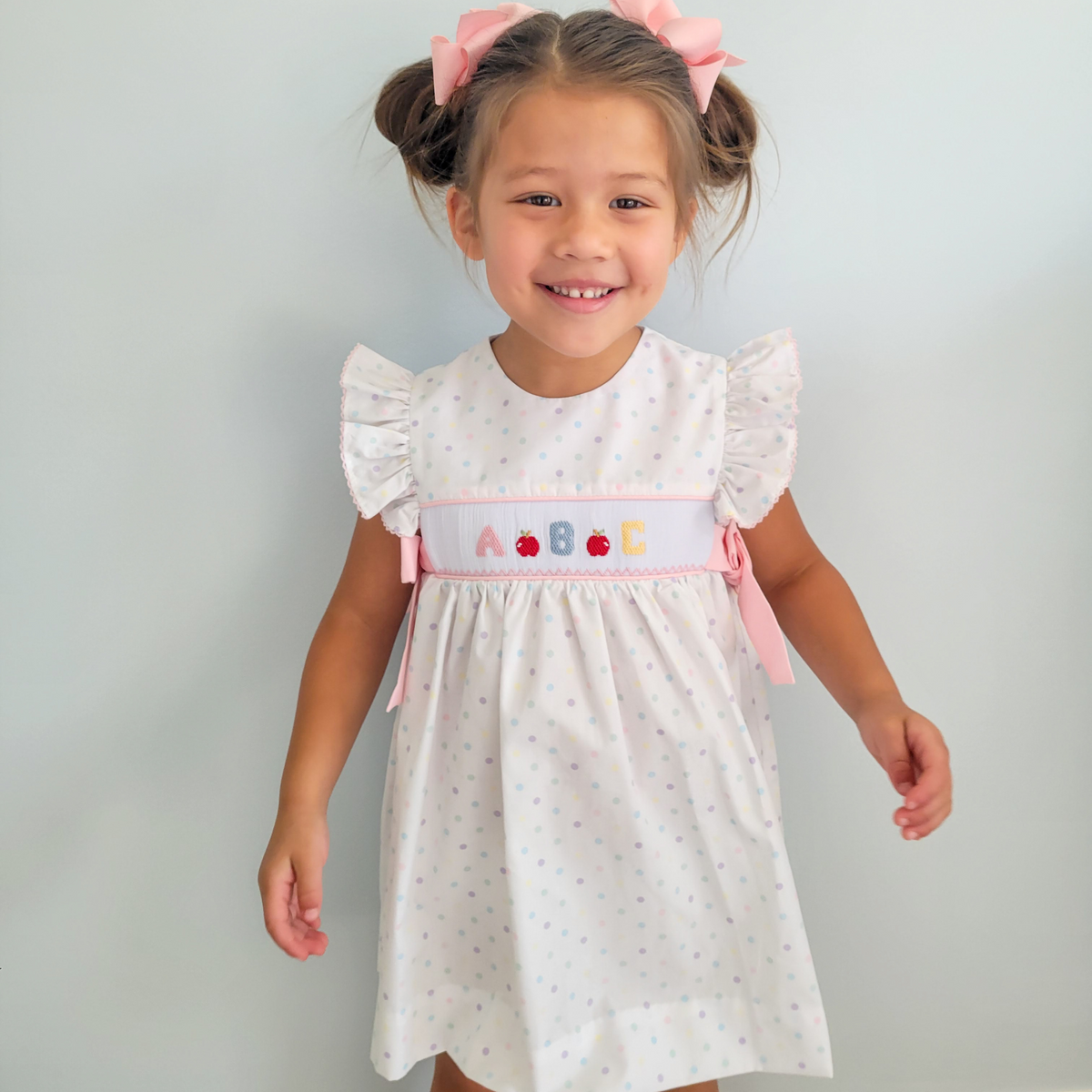 Smocked Pastel ABC Dress - Pastel Polka Dot - Stellybelly