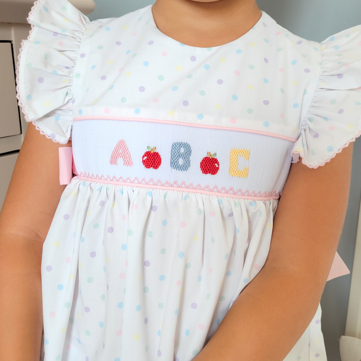 Smocked Pastel ABC Dress - Pastel Polka Dot - Stellybelly