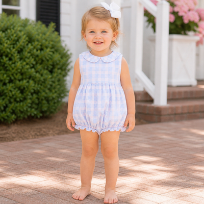 Sunday Brunch Girl Bubble - Blue & Pink Plaid Seersucker
