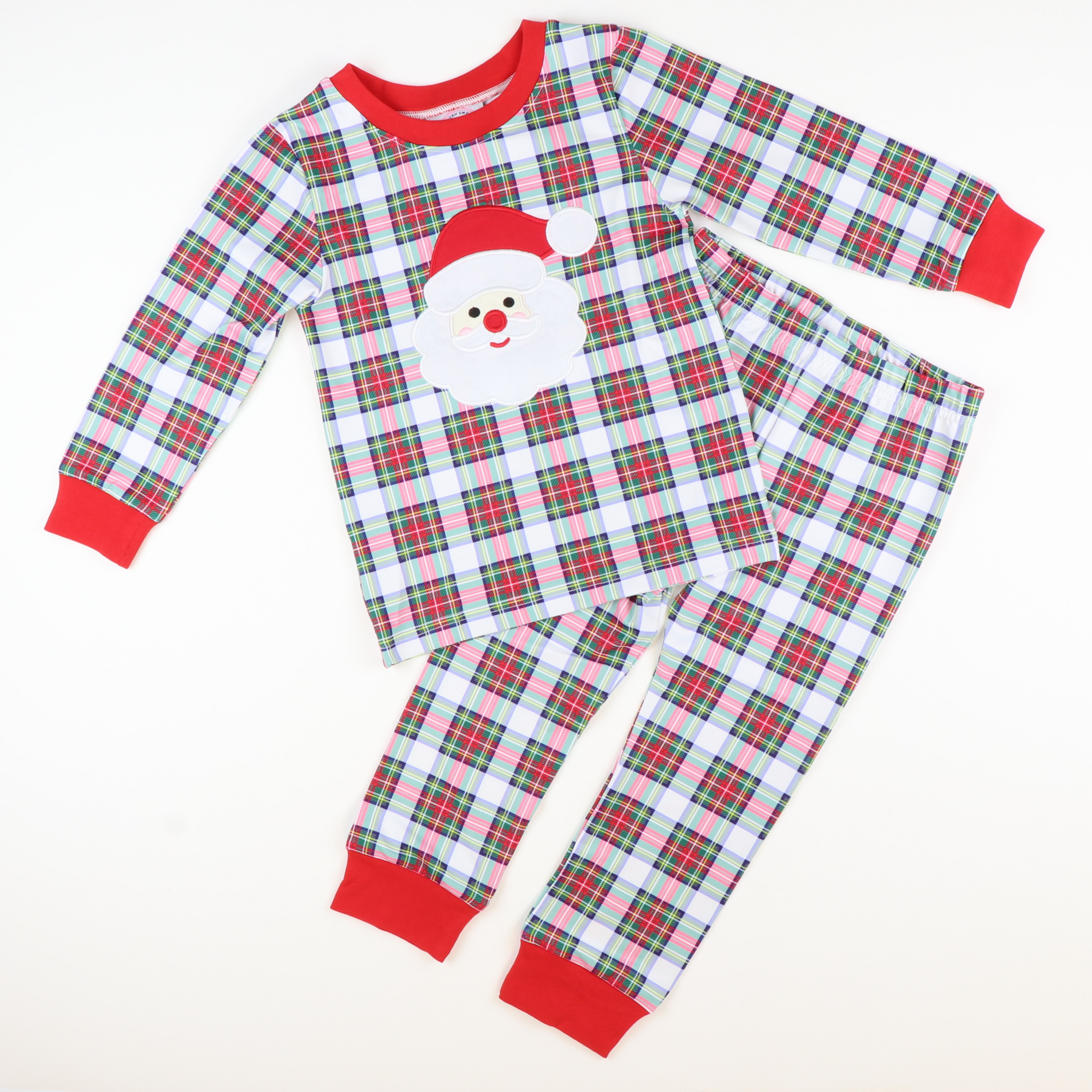 Santa Appliqué Knit Pajama Set - Christmas Tartan Plaid - Stellybelly