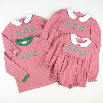 Appliquéd Christmas Trees Girl Bubble - Red Stripe Knit - Stellybelly