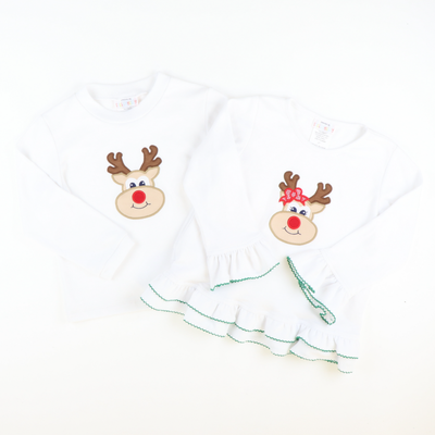 Appliquéd Reindeer Long Sleeve Shirt - White Knit - Stellybelly
