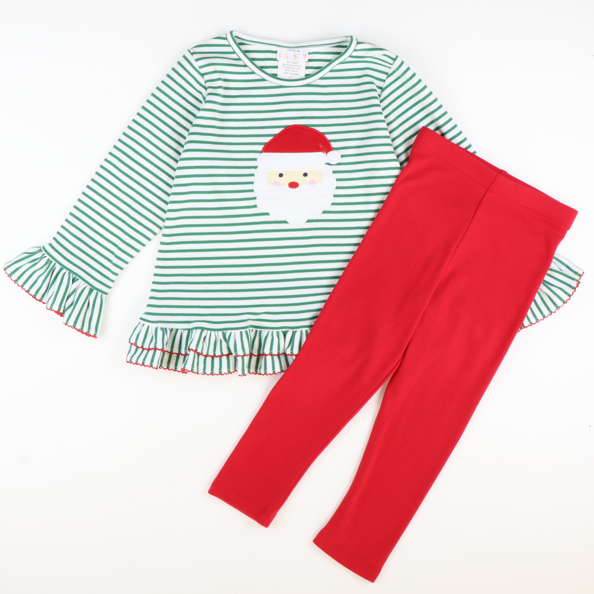 Appliquéd Santa Face Ruffle Top - Christmas Green Stripe Knit - Stellybelly