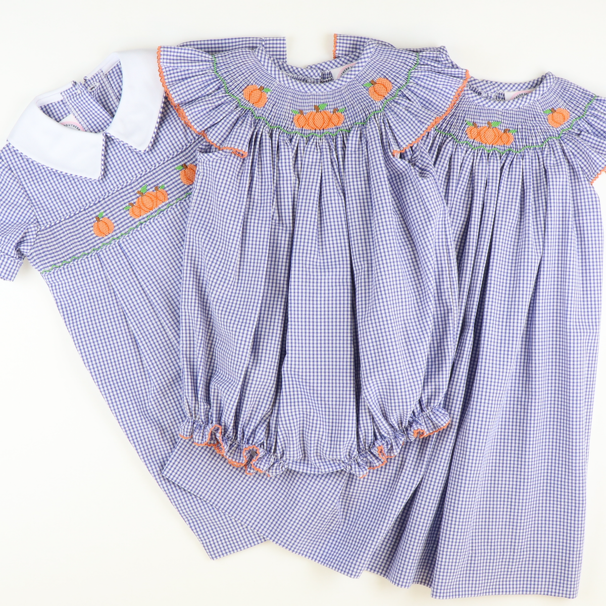 Smocked Autumn Pumpkins Bishop - Royal Blue Sandra Gingham Plaid - Stellybelly
