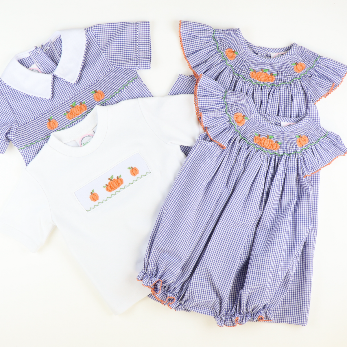 Smocked Autumn Pumpkins Girl Bubble - Royal Blue Sandra Gingham Plaid - Stellybelly