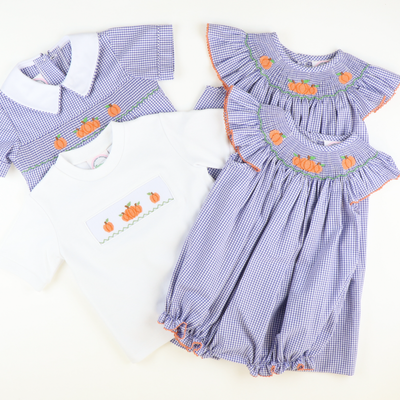 Smocked Autumn Pumpkins Girl Bubble - Royal Blue Sandra Gingham Plaid - Stellybelly