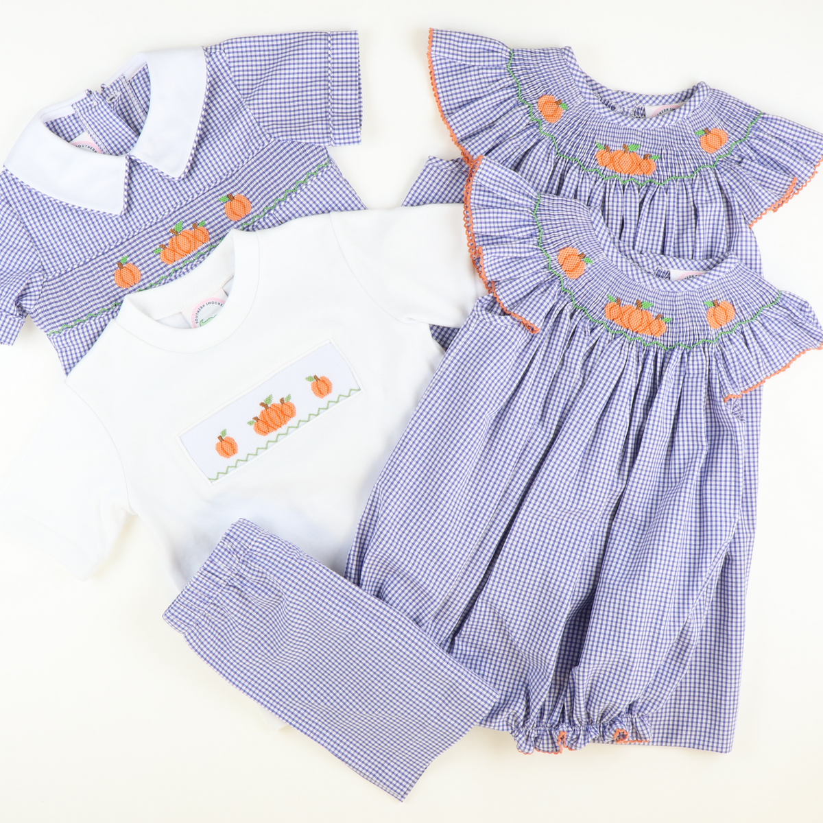 Smocked Autumn Pumpkins Bishop - Royal Blue Sandra Gingham Plaid - Stellybelly