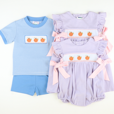 Smocked Pumpkins & Vines Knit Shirt & Shorts Set - Party Blue Micro Stripe & Party Blue Knit - Stellybelly