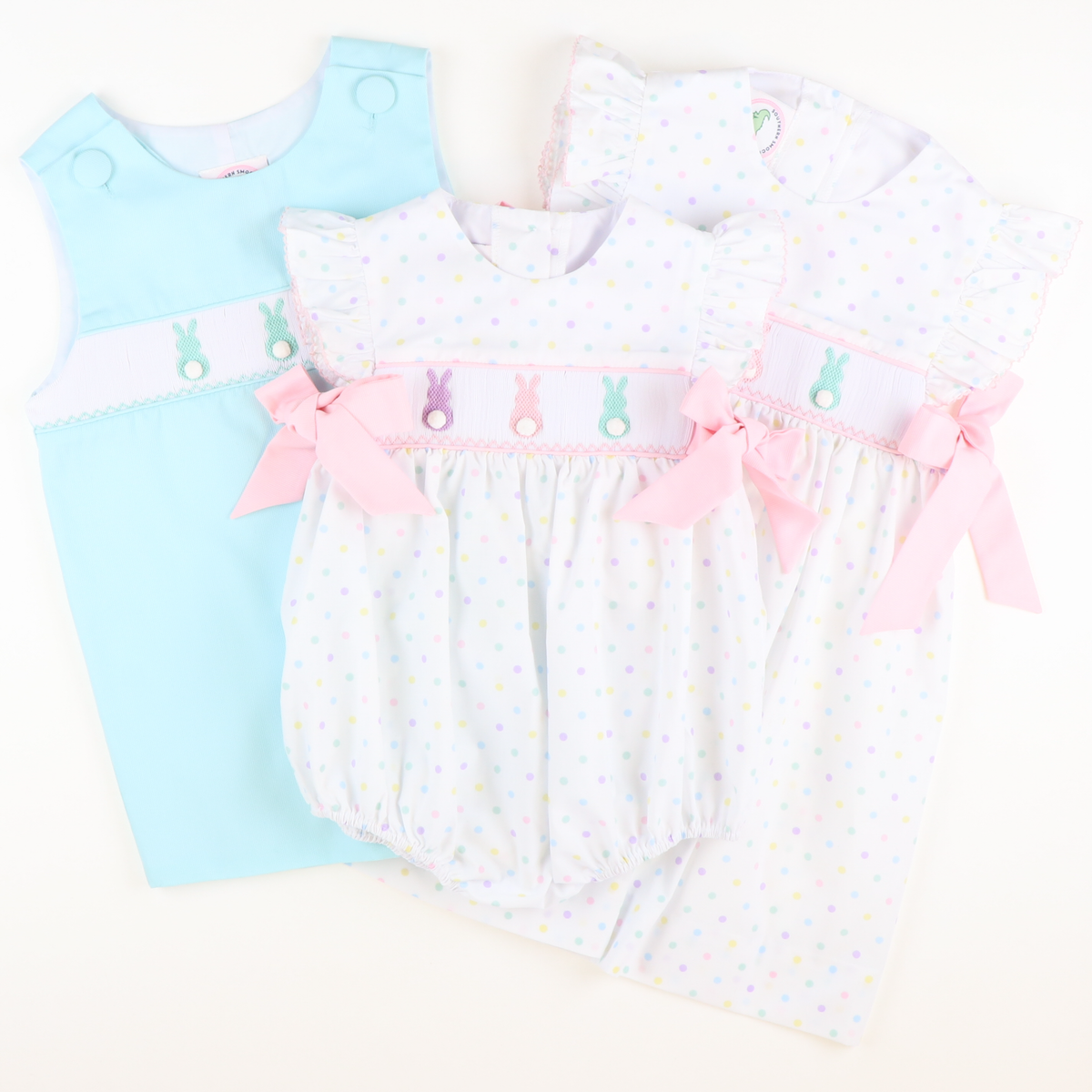 Smocked Cottontail Bunnies Shortall - Light Mint Pique - Stellybelly