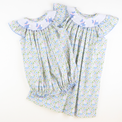Smocked Silhouette Blue Rabbits Girl Bubble - Garden Floral - Stellybelly