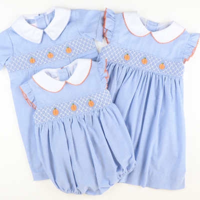 Smocked Geo Pumpkins Collared Boy Romper - Blue Mini Gingham - Stellybelly