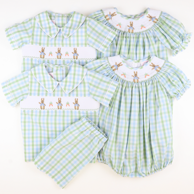 Smocked Classic Storybook Rabbits Girl Bubble - Blue & Green Plaid - Stellybelly