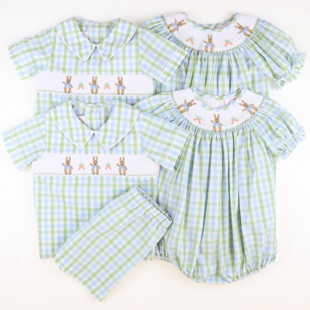 Smocked Classic Storybook Rabbit Collared Short Set - Blue & Green Plaid - Stellybelly