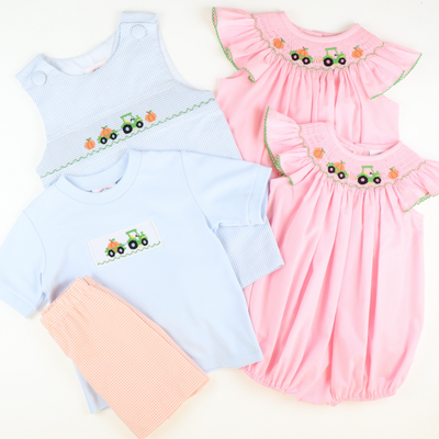 Smocked Pumpkin Tractor Shortall - Light Blue Mini Check Seersucker - Stellybelly