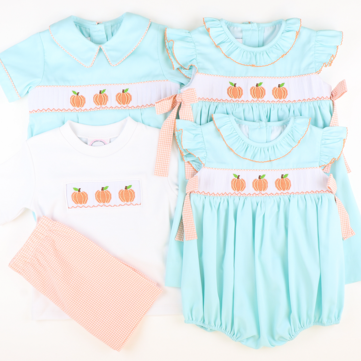 Smocked Classic Pumpkins Ruffle Neck Girl Bubble - Mint Pique - Stellybelly