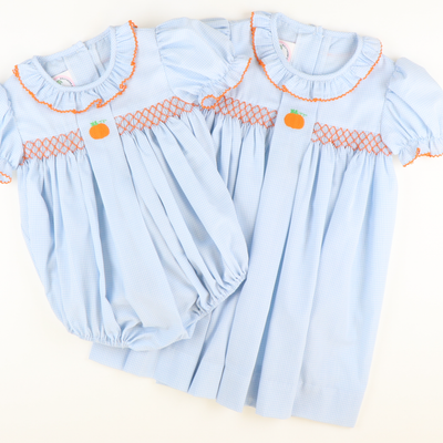 Embroidered Pumpkin Geo Dress - Light Blue Mini Gingham - Stellybelly