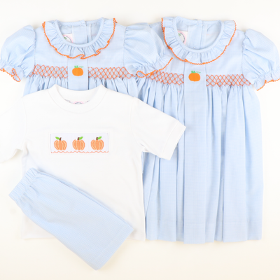 Embroidered Pumpkin Geo Girl Bubble - Light Blue Mini Gingham - Stellybelly
