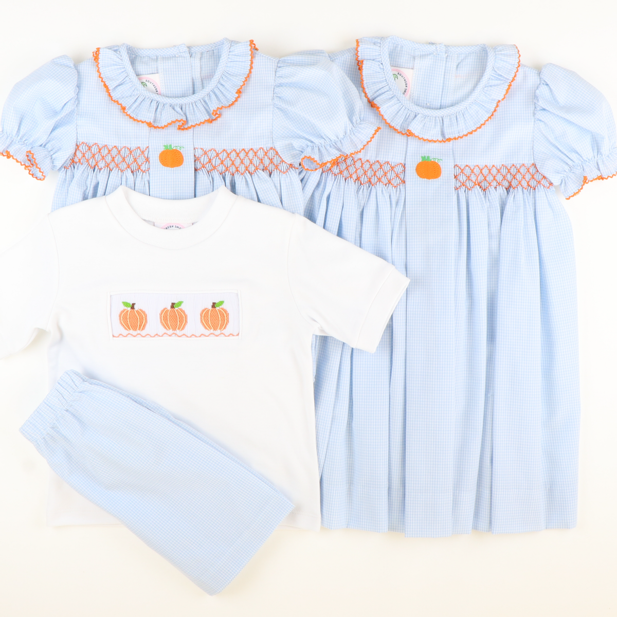 Embroidered Pumpkin Geo Dress - Light Blue Mini Gingham - Stellybelly