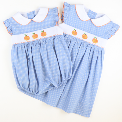 Smocked Pumpkins Collared Girl Bubble - Blue Tiny Dot - Stellybelly