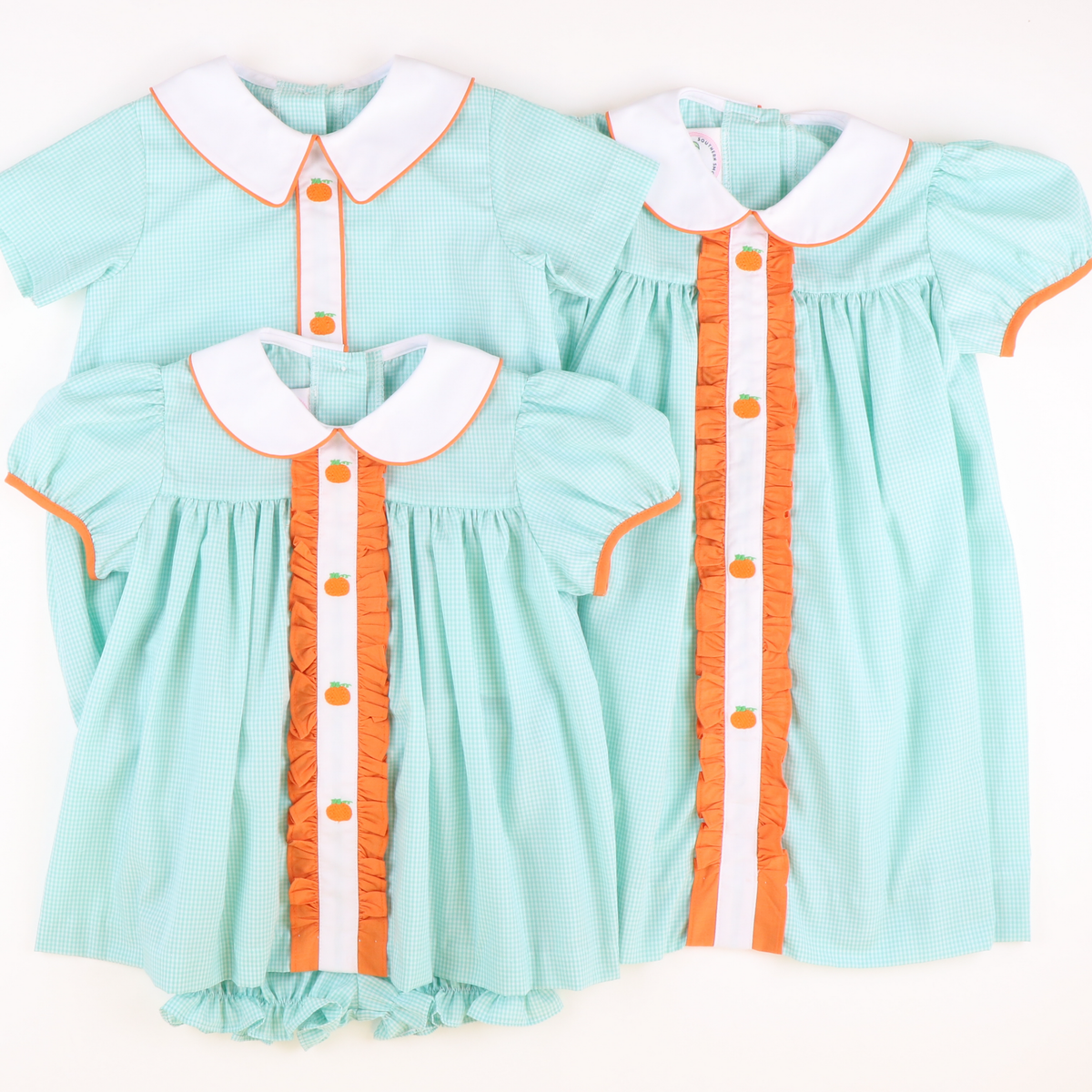 Embroidered Pumpkins Collared Boy Bubble - Mint Mini Gingham - Stellybelly