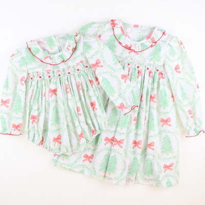 Smocked Rosette Ruffle Girl Bubble - Heirloom Christmas Trees - Stellybelly