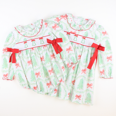 Embroidered Heirloom Christmas Trees Ruffle Girl Bubble - Stellybelly