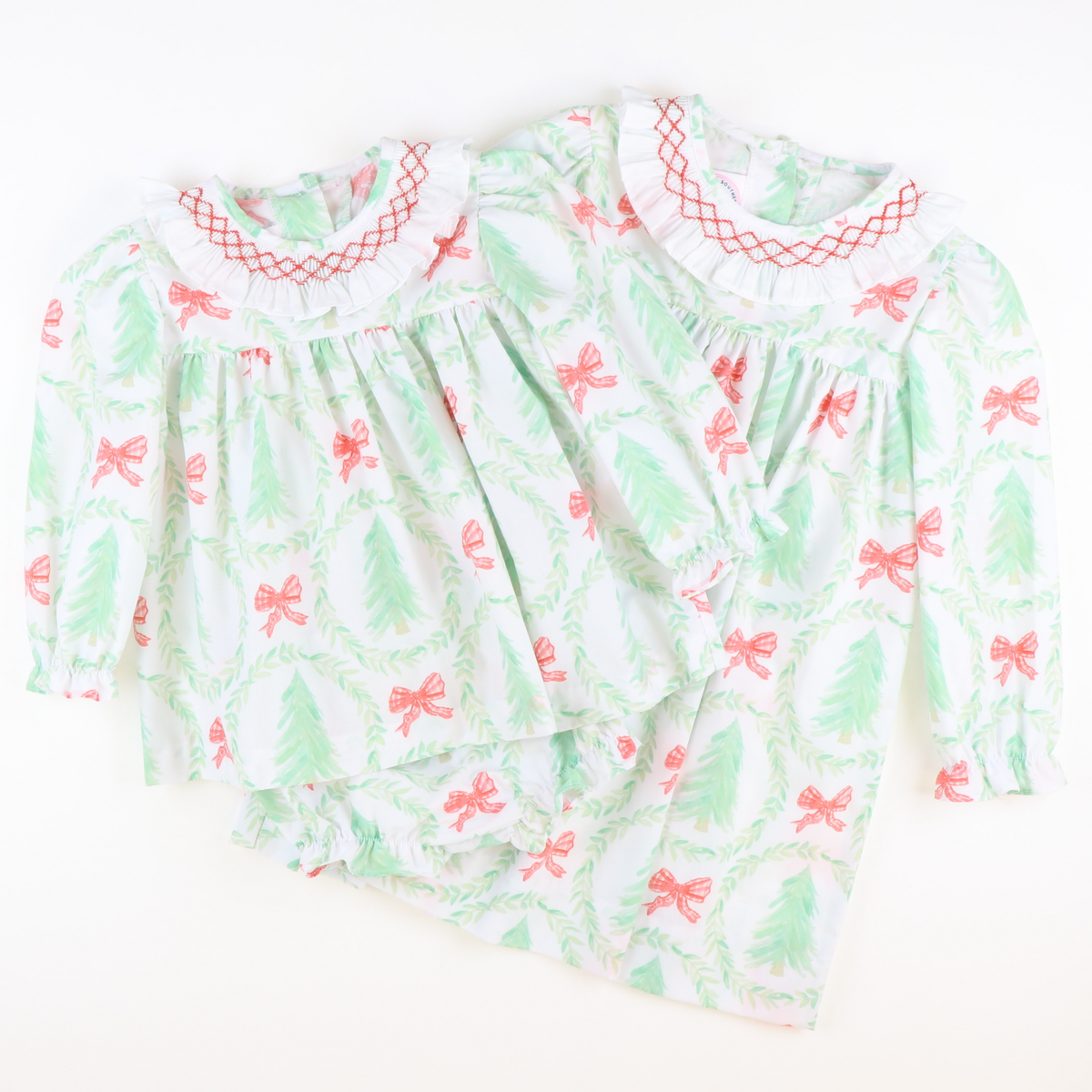Smocked Heirloom Christmas Trees Ruffle Neck Top & Bloomer Set - Stellybelly