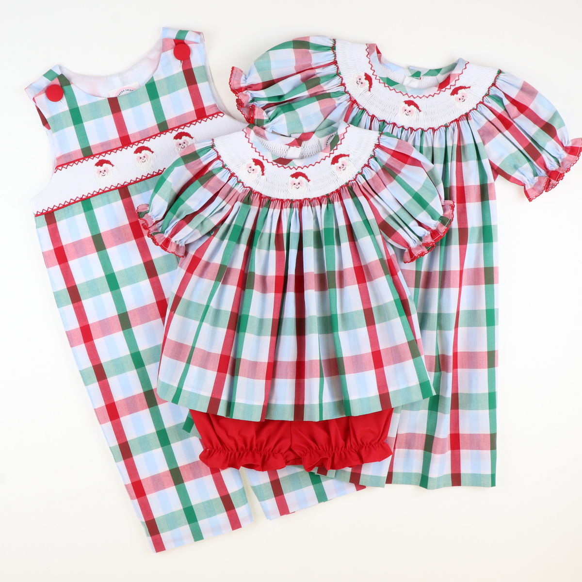 Smocked Santa Faces Longall - Christmas Party Plaid - Stellybelly