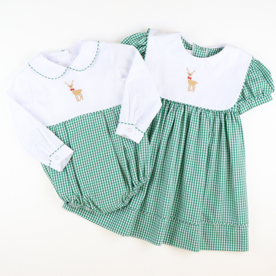 Embroidered Reindeer Collar Dress - Christmas Green Mini Gingham - Stellybelly