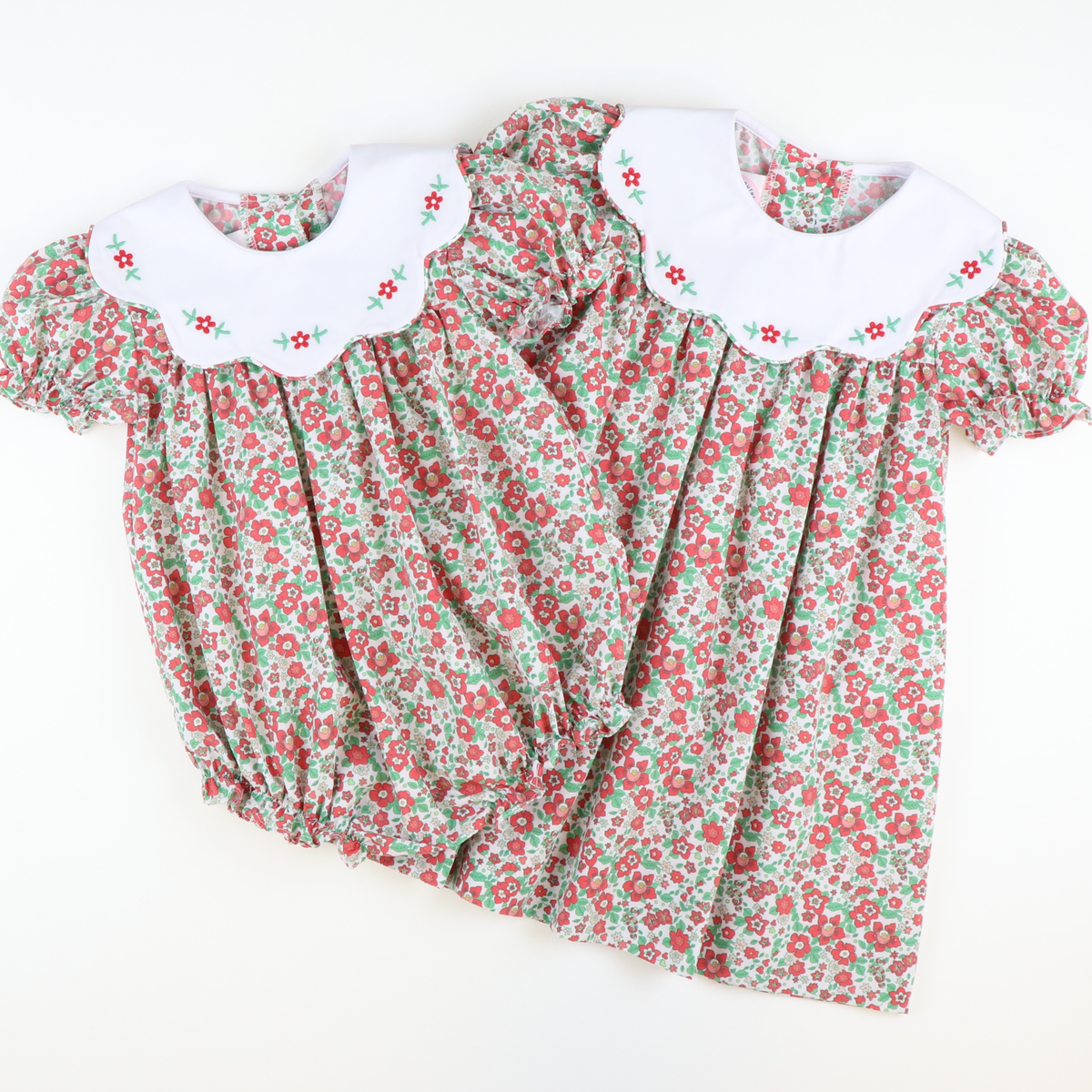 Embroidered Flowers Scalloped Collar Girl Bubble - Christmas Floral - Stellybelly