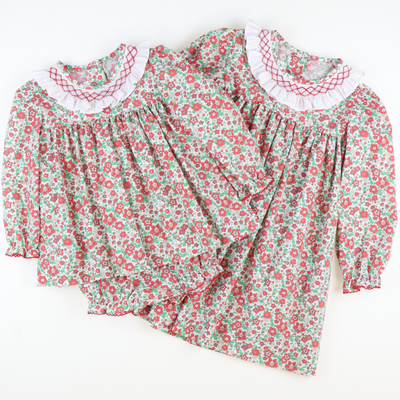 Smocked Christmas Floral Ruffle Neck Top & Bloomer Set - Stellybelly