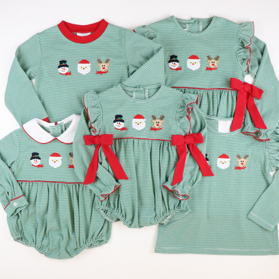 Appliquéd Christmas Friends Top - Green Micro Stripe Knit - Stellybelly
