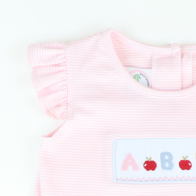Smocked Pastel ABC Dress - Pink Micro Stripe Knit - Stellybelly