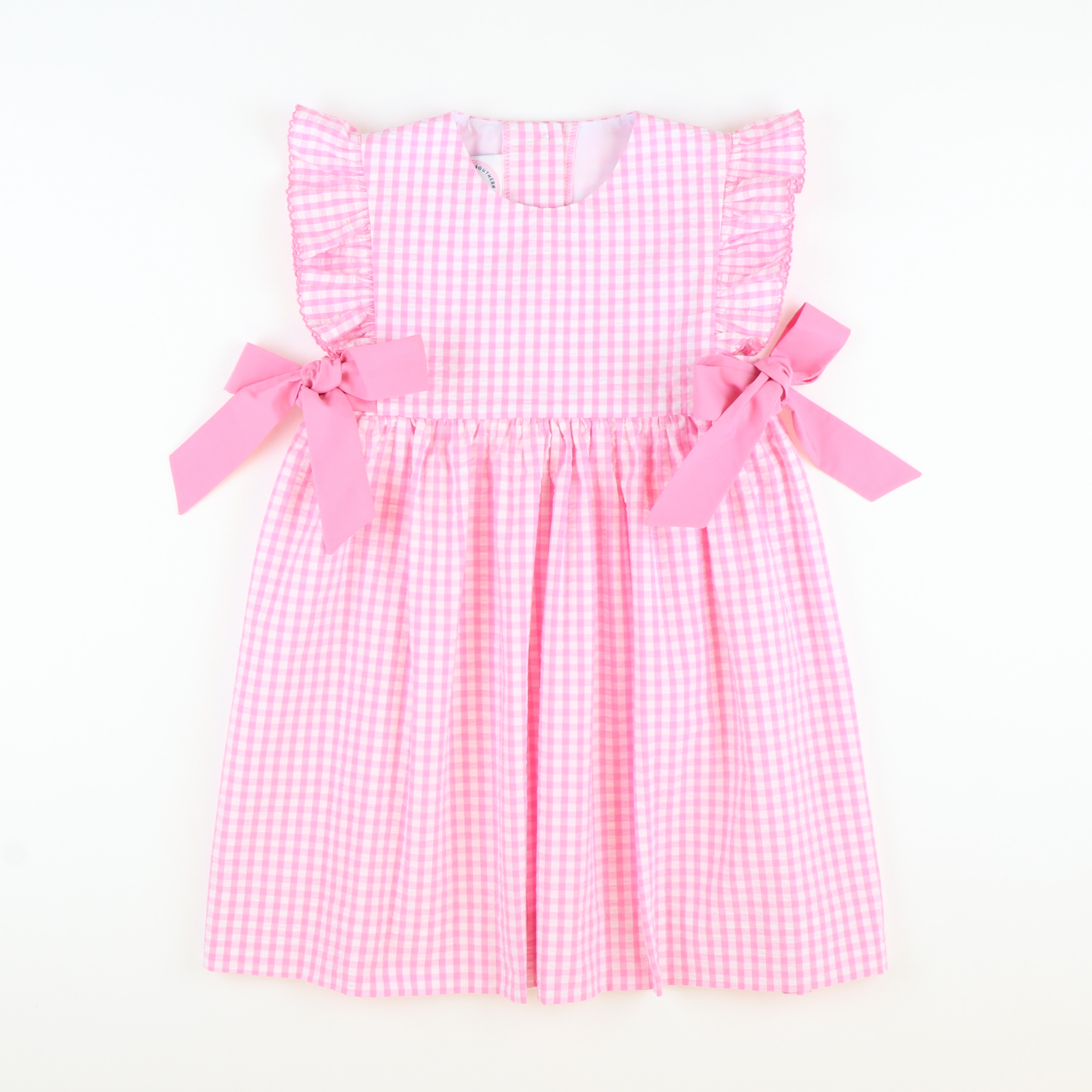 Preppy Pink Seersucker Gingham Ruffle Dress