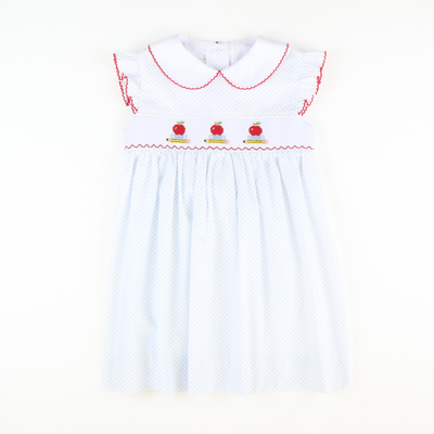 Smocked Apples & Books Collared Dress - White & Light Blue Tiny Dot - Stellybelly