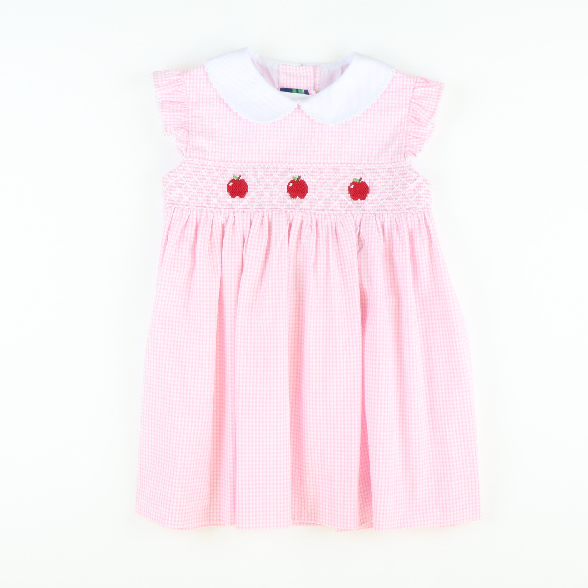Smocked Geo Apples Collared Dress - Pink Mini Check Seersucker - Stellybelly