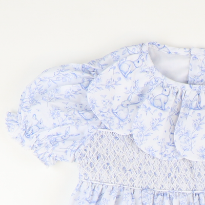 Petal Collar Smocked Dress- Blue Bunny Toile