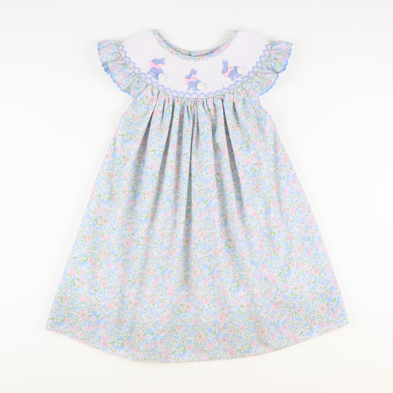 Smocked Blue Silhouette Bunnies Bishop- Floral