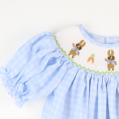 Smocked Storybook Rabbits Bishop - Light Blue Plaid