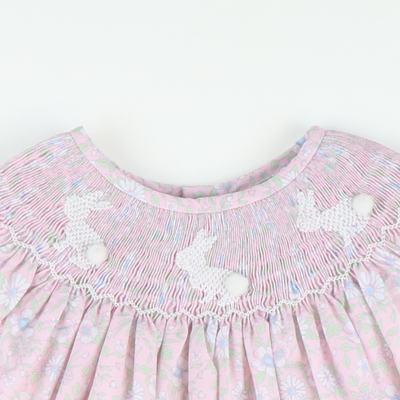 Smocked White Silhouette Bunnies Girl Bubble - Pink Floral