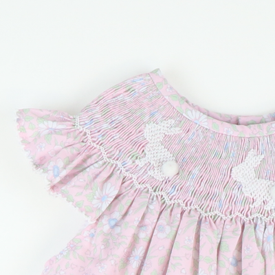 Smocked White Silhouette Bunnies Bishop- Pink Floral