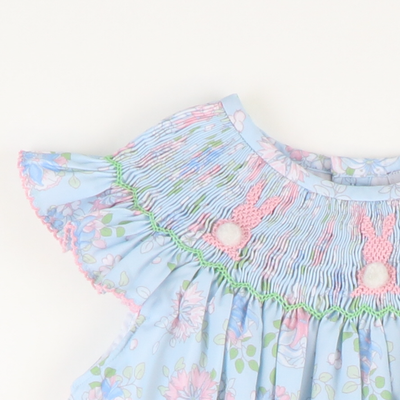 Smocked Cottontail Bunnies Bishop- Blue Floral