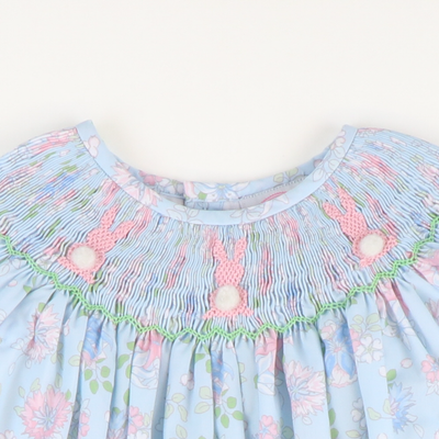 Smocked Cottontail Bunnies Bishop- Blue Floral